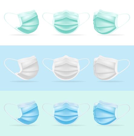 Medical mask surgical colored. Mask protection against coronovirus profile full face green white blue surgical safety against respiratory viruses bacteria, healthy breathing design. Color vector.のイラスト素材