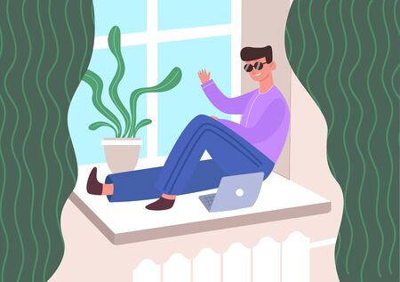 Man laptop on windowsill. Guy smile sunglasses in quarantine communicates online friends laptop while sitting pad near window next green houseplant. Vector cartoon style.のイラスト素材