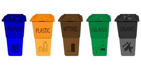 Recycling bins. Trash in garbage cans with sorted garbage vector icons. Set of trash bins with...