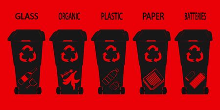 Waste bin. Glyph. Black recycle bins with recycle symbol isolated on red background Trash in garbage cans with sorted garbage vector icons. Vectorのイラスト素材