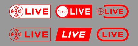 Live broadcasting icons set. Red and white symbols and buttons for live broadcast, online broadcast. Button for live streaming. Lower third template for tv, shows, movies and live performances. Vectorのイラスト素材