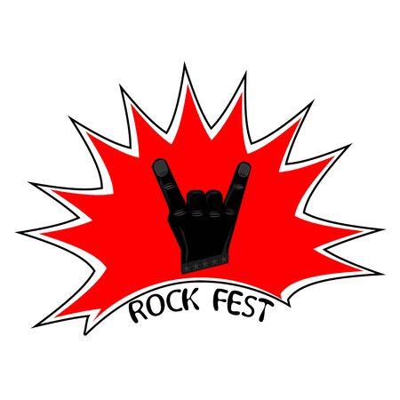Black rock fest label , badge, crest rock and roll for flyer poster  or t-shirt apparel clothing print. Cool hand gesture symbol. Heavy metal, rock. Vectorのイラスト素材
