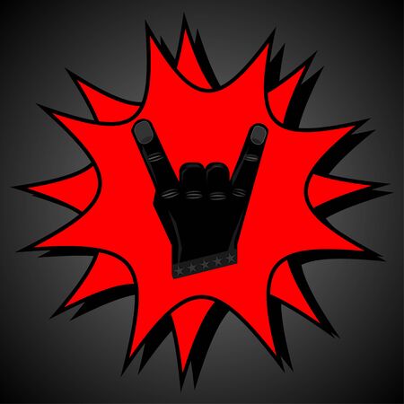 Black antique hipster vintage label , badge, crest rock and roll for flyer poster  or t-shirt apparel clothing print. Cool hand gesture symbol. Heavy metal, rock. Vectorのイラスト素材