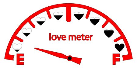 Red love meters vector. Love meter. Valentines Day card, love indicator with black hearts and love gauge. Analog attraction and passion scales, gauge for measurement, isolated on white backgroundのイラスト素材