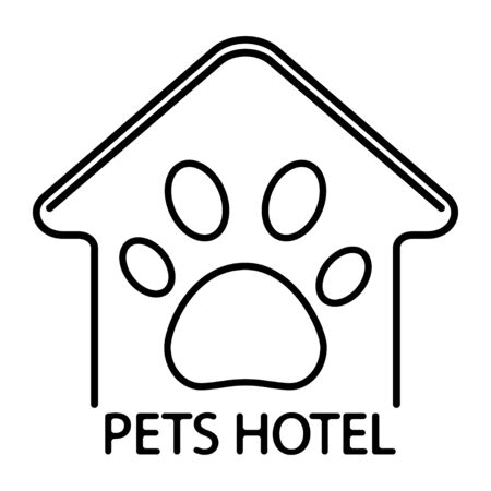 Pet hotel, design template. Logotype of pets hotel in outline style. Symbol of dog or cat home with icon of paw inside, isolated on white background. Vectorのイラスト素材