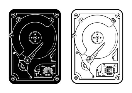 Hard disk. Harddisk in glyph and outline style. HDD disks in black color in flat style for web, isolated on white backgroundのイラスト素材