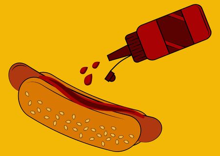 Hot dog. Weiner buns with sausage and red sauce. Hot dog with ketchup, isolated on yellow background. Fast food for poster, menus, brochure, sign boards, showcases, web and icon street food. Vectorのイラスト素材