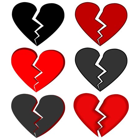 Red, black and glossy broken hearts. Flat style isolated on white background. Vector illustrationのイラスト素材