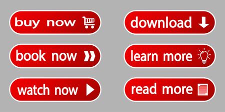 Set of vector modern material style web buttons. Red color gradient and icons on white forms...
