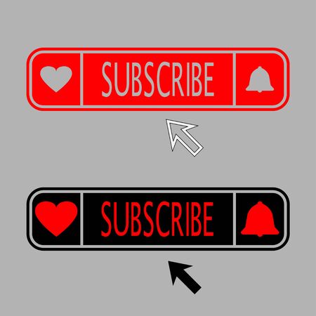 Red and black button subscribe and arrow cursor. Subscribe button with like and bell icon. Blogging, streaming. Social media concept. Vector illustration. EPS 10のイラスト素材