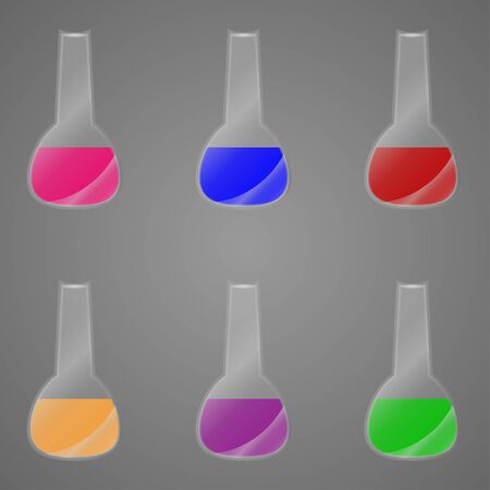 Liquid in laboratory bottles. Scientific biochemical laboratory. Colorful liquid. Isolated on gray background, a group of bottles.のイラスト素材