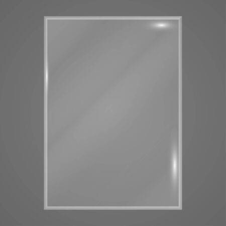 Transparent glass plate on gray background. Acrylic and glass texture with glares and light. Realistic transparent glass window in rectangle frame. Vector illustrationのイラスト素材
