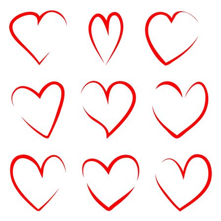The hearts collection icon, love symbol, isolated on white background. Red thin outline handdrawn hearts in doodle. Vector illustrationのイラスト素材