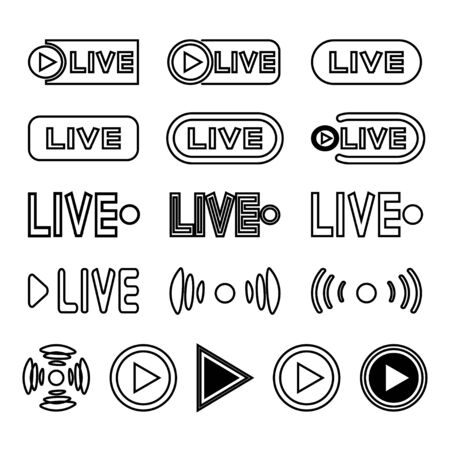 Live broadcasting icons set. Black flat symbols and buttons for live broadcast, broadcast, online broadcast, TV, shows, films and live performances. Vectorのイラスト素材