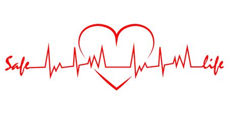 Heartbeat line with shape of heart. Healthy electrocardiogram or ECG. One pulse line with text Safe Life Flat healthcare rate design icon on white background. Vectorのイラスト素材