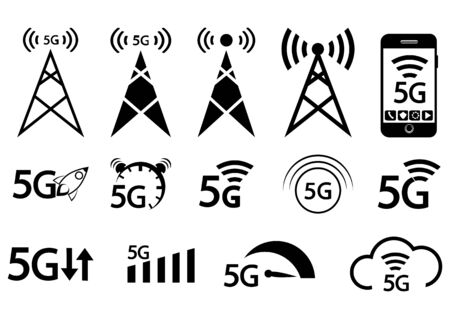 5G technology icons set. New 5th generation mobile network, high speed connection wireless systems and more. Set of 5G technology vector icons for web design in flat style isolated on white background. Vectorのイラスト素材