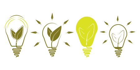 Green bulb. Set of creative bulb with two green leafs inside. Ecological green energy concept.のイラスト素材
