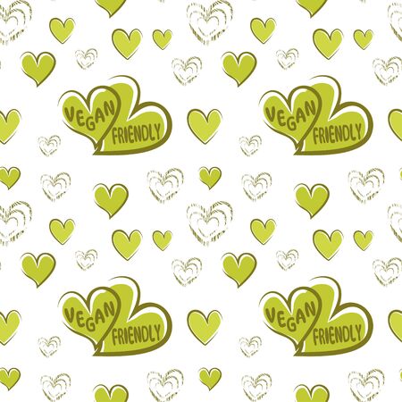 Vegan pattern. Vegan friendly pattern. Seamless vector pattern with lettering vegan friendly and green hand drawn hearts. For kitchen, for printing on textiles. Mix design for fabric and decor. Vectorのイラスト素材