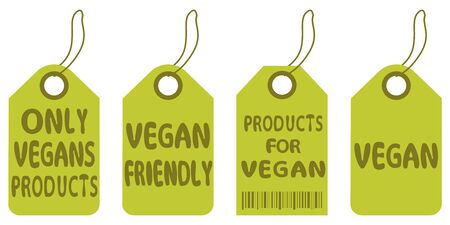 Vegan tags. Set of vegans badges. Eco, organic food labels. Collection of vegetarian labels. Natural, organic food, bio, Eco design elements in green color isolated on white background. Vectorのイラスト素材