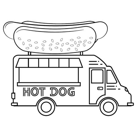 Food Truck. Street food truck with hot dog on the roof in outline style. Street wagon with hot dog, isolated on white background. Vectorのイラスト素材
