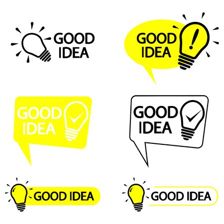 Good idea, sign. Symbols with lettering good idea with light bulb. Trendy flat vector on white background. Solution symbol, lamp icon, idea. Vector illustrationのイラスト素材