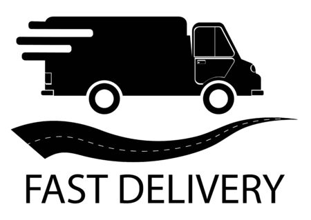 Lettering fast delivery with truck in glyph style. Shipping fast delivery truck with road icon symbol, Pictogram flat design for apps and websites. Isolated on white background. Vector illustrationのイラスト素材