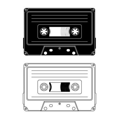 Tape cassette. Vector black and white illustration compact cassette tape in outline and in glyph style. Web graphics, banners, advertisements, stickers, labels, and T-shirt templates. Vectorのイラスト素材