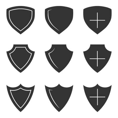 Collection of shield in glyph style. Shield icons. 240x240 pixel perfect icons. Protection symbol for web design banners and other, isolated on white background. Vectorのイラスト素材