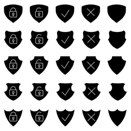 Collection of shield with open and close lock inside. Set of shield in different form in glyph style. 144x144 pixel perfect. Protection icons isolated on white background. Safety symbol. Vectorのイラスト素材