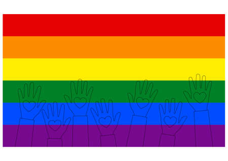 LGBT flag. Raised up hands of people with hearts in outline style. Template design, vector illustration. Love wins.のイラスト素材