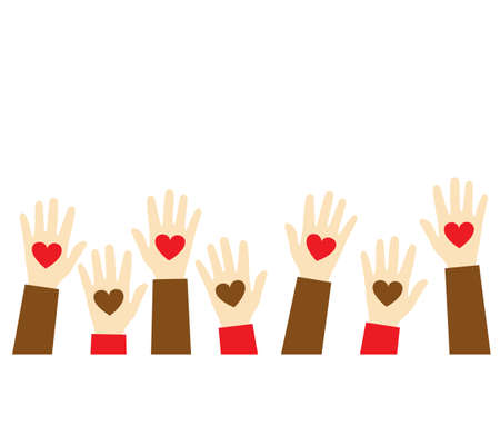 Stop racism icon. Black lives matter concept. Hearts in the hands. Template for background, banner, poster with text. Hands holding a heart, give and share love to people concept. Vectorのイラスト素材