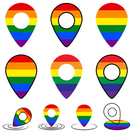Rainbow colored map pins. Gay Pride. LGBT concept. Lgbt location. Collection map pins for location of homosexual parade. Human rights and tolerance. Vector illustration isolated on white backgroundのイラスト素材