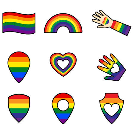 Rainbow colored lgbt icons. Gay Pride. LGBT concept. Pride month of homosexual people. Map pin. Realistic style colorful illustration.のイラスト素材