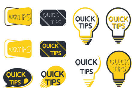 Quick tip icon set. Yellow lightbulb icons with quick tips text inside. Lamp of advice idea quickly solutions advices trick mark. Helpful tricks. Helpful idea or solution. Vector illustrationのイラスト素材