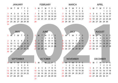 Calendar 2021 year - vector illustration. The week starts on Sunday. Annual horizontal calendar 2021 template. Calendar design in black and white colors, Sunday in red colors. Vectorのイラスト素材