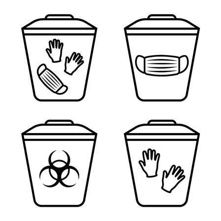Biohazard waste disposal. Bin, with the symbol of infectious waste. Garbage sorting vector icon. Trash can with Biohazard medical gloves and mask symbol. Editable stroke. Thin line. Vectorのイラスト素材