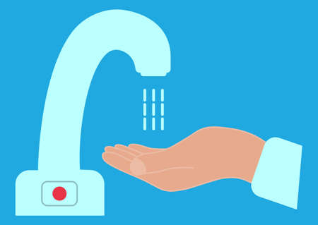 Hands washing under the faucet with sensor. Touch less color water crane with hand. Motion water tap. Sterile surface. Automatic hand wash faucet icon. Vector illustrationのイラスト素材