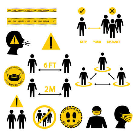 Social distancing line icon set. Included icons as self quarantine, mask required, protection, avoid crowded, stand here, keep your distance and more. Keeping a distance between people. Vectorのイラスト素材