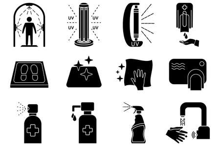 Disinfection icons. Cleaning and sanitizer surface, spray bottle, wash hand gel, UV lamp, sanitizing mat, Touchless faucet and dispenser, disinfection tunnel, dryer, antiseptic. Vector illustrationのイラスト素材
