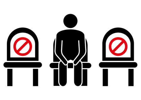 Do not sit here. Keep social distance to prevent infection with the coronavirus. Distancing sitting. Keep your distance when you are sitting. Man on the chair. Glyph icon. Vector illustrationのイラスト素材