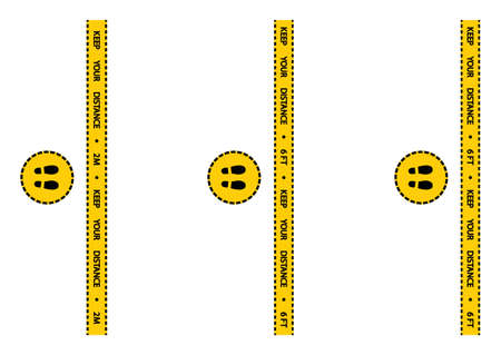 Social distancing warning tape. Warning coronavirus quarantine yellow and black stripes. Social distancing floor marking security stripe. Distance in queue 2 meter or 6 feet instruction. Vectorのイラスト素材