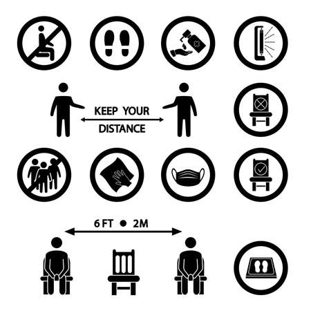 Keep your distance. Social distancing rules. Forbidden icon for seat. Distancing sitting. Sanitizing mat, UV lamp, wet cleaning, wash your hands, mask required, avoid crowded, stand here icons. Vectorのイラスト素材