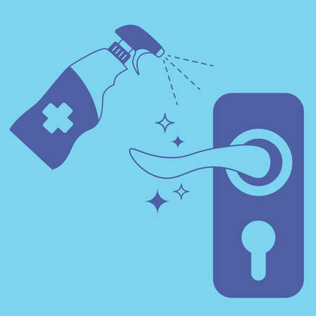 Door knob disinfection. Use a spray antiseptic to prevent the spread of disease. Door handles and antibacterial spray. Disinfect door handle with sanitizer spray. Vector blue color illustrationのイラスト素材