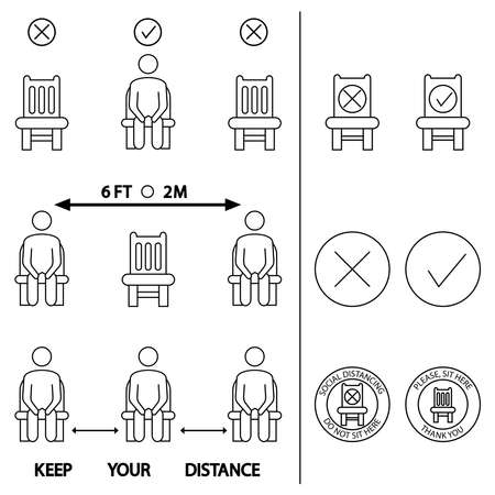 Keep your distance. Do not sit here. Forbidden icon for seat. 6 Feet or 2 meter social distancing for chair seat. Lockdown rule. Keep your distance when you are sitting. Man on the chair. Vectorのイラスト素材