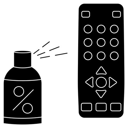 Sanitizing of TV remote. Remote disinfection. Disinfection of TV clicker using alcoholic spray. Sanitizing home items of daily use. Preventing virus spread concept. Isolated vector illustrationのイラスト素材