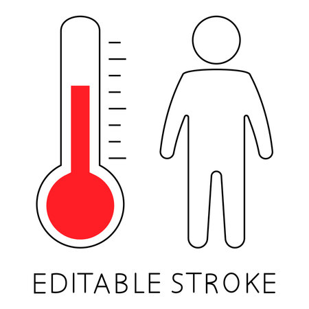 Temperature checks station or checkpoint. Man and analog thermometer sign. It could be used in the Train Station, Airport or other public transportations. Station for measurement of fever. Vectorのイラスト素材
