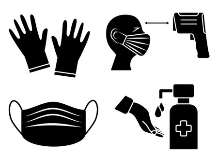Hand Sanitizer and Temperature checks Station. Mask, gloves and temperature scanning are required. Healthcare infographic elements. Virus prevention icons. Vector illustration isolatedのイラスト素材