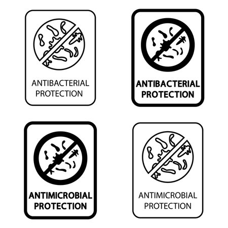 Badges for material with antimicrobial and antiviral protection. Antibacterial protection resistant to microorganisms product. Antimicrobial coating defense information sign. Protect covering. Vectorのイラスト素材