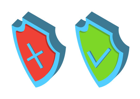 Security 3D Shields. Armor isometric plate. Symbol of security and protection. Check mark icons. Green tick and red cross checkmarks on the shields. Symbols of approving and rejecting. Vector isolatedのイラスト素材