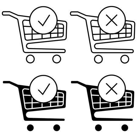Shopping cart and check mark icon. The order is complete. Place an order. Trolley symbol for online marketing and shopping. Onlne shop. Complete shopping, paying. Vector isolated on white backgroundのイラスト素材